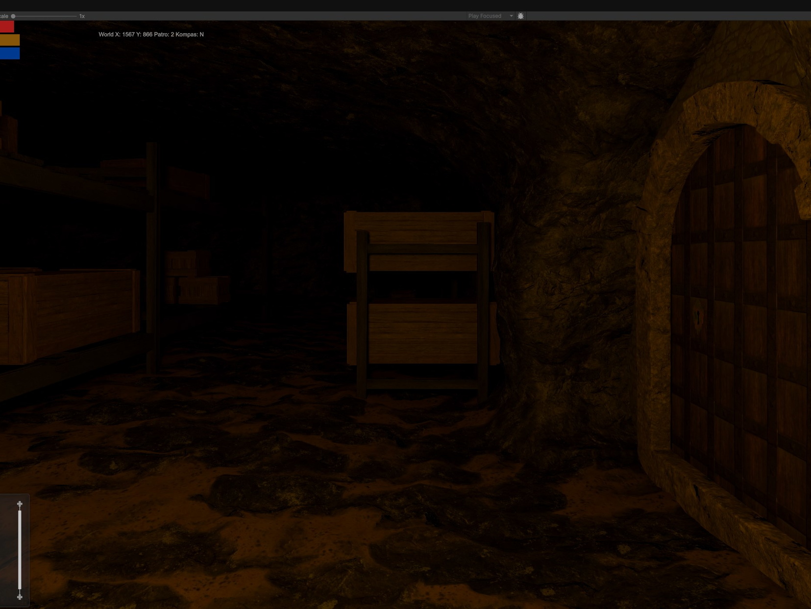 The way forward — dark aisles of the storage lead to another door.